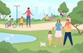 People in city park. Happy families walking dog, playing in nature landscape and riding bicycle. Cartoon outdoor