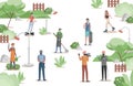 People in city park vector flat illustration. Gardener, police officer, anchorman and cameraman, janitor, skater, and Royalty Free Stock Photo