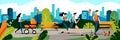 People in city park. Vector flat illustration. Jogging couple and mom with baby in stroller walks in park Royalty Free Stock Photo