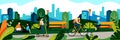 People in city park. Vector flat illustration. Spring and summer weekend leisure activity concept. Nature background