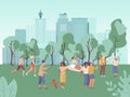 People in city park vector illustration, cartoon flat woman man characters have fun on picnic, walk or run in healthy