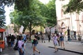 People on city street outside church in New York City USA