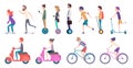 People city transport. Crowded urban transportation electric scooter vehicle movement bike roller cars skate vector