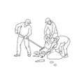 people clean environment from trash and put waste in bags. Vector black white doodle line illustration of solving Royalty Free Stock Photo