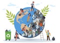 People clean planet. Globe in mountain of garbage from plastic bottles waste dishes, women and man cleanse Earth from