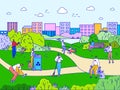 People cleaning city park, volunteers cartoon characters collecting garbage, vector illustration