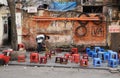 People cleaning the coffee shop on street in Hanoi, Vietnam