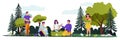 People cleaning garbage in green pine forest or city park. Vector illustration. Environment, ecology lifestyle concept