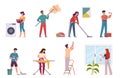 People cleaning. Housework cleaning company service, men and women doing chores. Ironing, washing floor and vacuuming