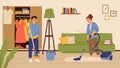 People cleaning living room. Family washing floor and doing homework in apartment. Clean day, man woman in house vector Royalty Free Stock Photo