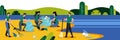 People cleaning plastic garbage on waterfront. Volunteering, ecology and environment concept. Vector illustration