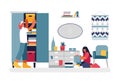 People cleaning room illustration. Female character is sorting and cleaning drawers of clothes in closet.