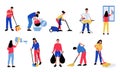 People cleaning up. Cartoon abstract characters doing housework ironing washing window, vacuuming, making bed. Vector Royalty Free Stock Photo