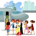 People climb ladder aboard plane, landing men and women on airplane at airport vector illustration, passengers with bags