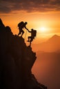 people are climbing a mountain together helping each other on sunset background Royalty Free Stock Photo