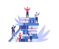 People climbing stairs of stacked books, man on top celebrates success. Education, knowledge growth, and achievement Royalty Free Stock Photo