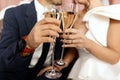 People clinking glasses of champagne against blurred background, closeup. Bokeh effect Royalty Free Stock Photo