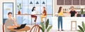 People in coffeehouse. Cafe interior with man and woman drinking coffees. Barista and customer in cafeteria or coffee shop, vector