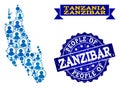 People Collage of Mosaic Map of Zanzibar Island and Grunge Seal Stamp