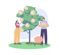 People collect money coins from green tree. Investment profit and dividends metaphor. Business person growing cash plant Royalty Free Stock Photo