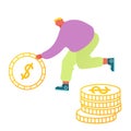 People Collect, Spend and Saving Money Concept. Tiny Male Character Rolling Huge Dollar Coin to Put in Wallet