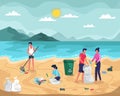People collecting garbage on ocean beach Royalty Free Stock Photo