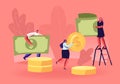 People Collecting and Saving Money Concept. Tiny Male and Female Characters Carry Huge Dollar Coins and Banknotes