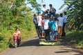 People in colorful traditional bus jeepney in the Philippines.