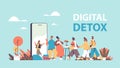 People coming out of cellphone screen vacatin adventure digital detox concept