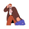 People communicate by phone on the go to work, office. Hurry worker calls by smartphone, carrying briefcase. Young man Royalty Free Stock Photo
