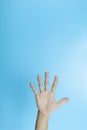 Woman hand show 5 finger sign on light blue background. Number five. woman open palm five finger on blue background with copy Royalty Free Stock Photo