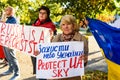 People condemns Russian airstrikes on Ukraine, during protest near Embassy of Russia in Riga city Royalty Free Stock Photo