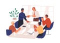 People congratulate colleague at meeting in office. Happy manager handshaking business partner with respect, team Royalty Free Stock Photo