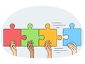 People connect jigsaw puzzle pieces