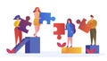 People connect puzzle elements, symbol of successful teamwork, business concept, vector flat illustration. Royalty Free Stock Photo