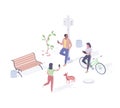 People connect to wifi network 5g isometric vector. Male and female characters with tablet and smartphone testing.