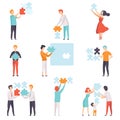 People connecting puzzle elements set, men, women and kids putting jigsaw puzzles vector Illustration on a white Royalty Free Stock Photo