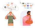 People Contemplating Artificial Intelligence and Networked Data with Conceptual Cloud and Flowchart Royalty Free Stock Photo