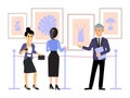 People in contemporary art gallery vector illustration. Guide tour museum exposition. Women look artworks, paintings and Royalty Free Stock Photo