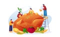 People cook dish of fried bird, vector banner.