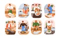 People cook food at home set. Men and women at kitchen table cooking breakfast, lunch, dinner dishes, preparing sushi