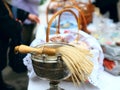 People cooked and brought to consecrate Easter cakes and eggs in the Church Royalty Free Stock Photo