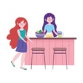 People cooking, girls with bowl food juice jar on counter the kitchen Royalty Free Stock Photo