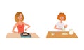 People Cooking in the Kitchen Set, Young Women Frying Eggs and Kneading Dough Cartoon Vector Illustration