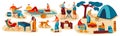 People cooking outdoor, summer barbecue picnic and camping with friends, vector illustration