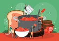 People cooking tasty dessert, handmade food strawberry jam in large pan, flat vector illustration. Fruit jam making. Royalty Free Stock Photo