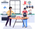 People cooking vegetarian food. Vector illustration. Chef cooks preparing food cook hands on the kitchen table
