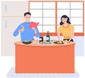 People cooking vegetarian food. Vector illustration. Father preparing dinner on big stove