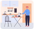 People cooking vegetarian food. Vector illustration. Father preparing dinner on big stove