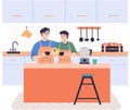 People cooking vegetarian food. Vector illustration. Father preparing dinner on big stove